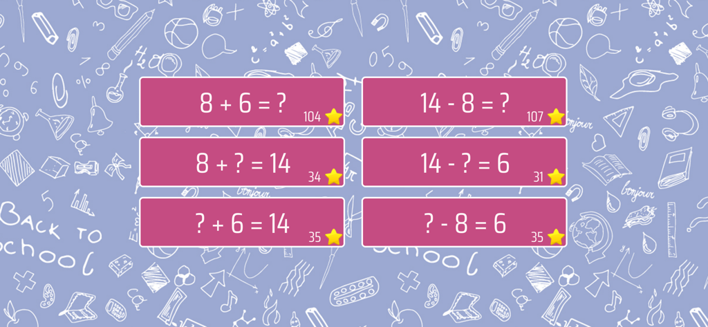 Math Shot Add and Subtract 20 - Die Benutzeroberfläche der Math Shot App zeigt sechs rosa Karten mit Additions- und Subtraktionsgleichungen bis zwanzig auf einem blauen Doodle-Hintergrund