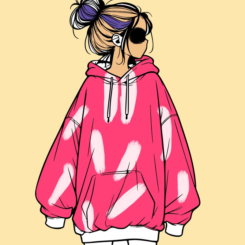 realistic girl with a oversized sweatshirt on and a bun