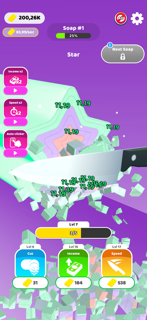 Idle Soap ASMR - Un cuchillo cortando un jabón en capas con forma de estrella de colores en el juego móvil ASMR de Cortar Jabón