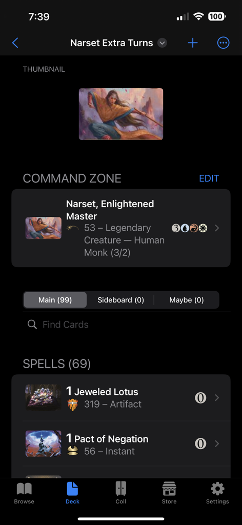 Decked Builder Remastered - Magic The Gathering deck editor in Decked Builder Remastered showing a Narset Extra Turns decklist with cards like Jeweled Lotus