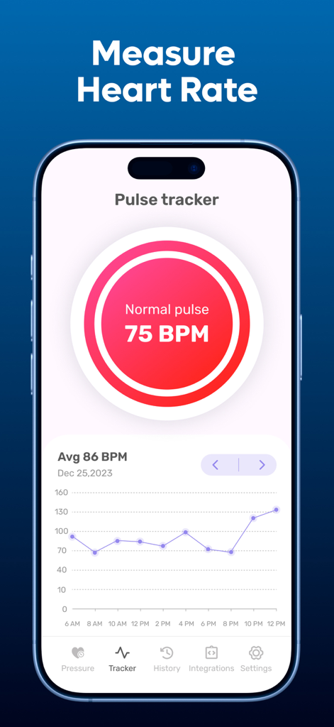 Blood Pressure・Heart Rate ECG - Pulse tracker app interface showing 75 BPM and a heart rate trend chart