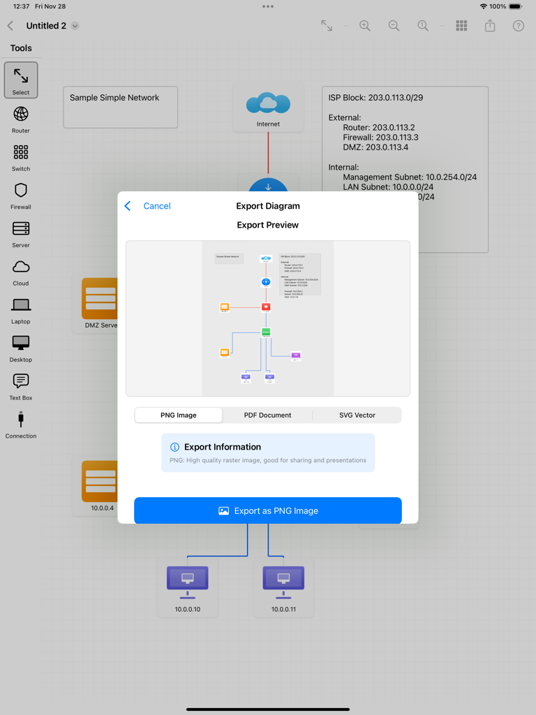 NetSketch - NetSketchアプリのiPadでのエクスポートメニュー。PNG、PDF、SVGファイルとしてネットワーク図をエクスポートするオプションが表示されています。