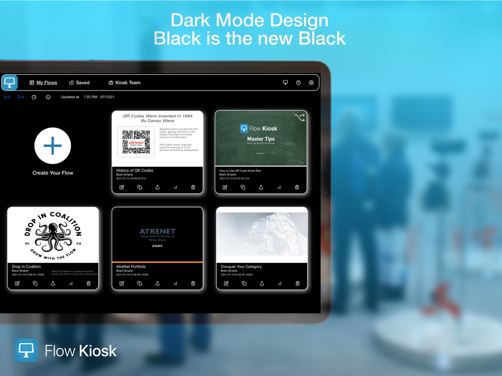 Flow Kiosk: Offline iPad Kiosk - Flow Kiosk iPad app interface showing the My Flows dashboard in dark mode design