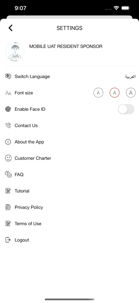 GDRFA DXB - GDRFA DXB app settings screen showing options for language selection, font size, Face ID, and support documents.