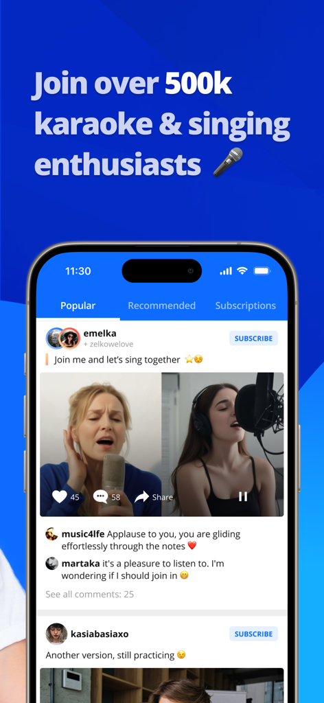 iSing: Sing & Record Karaoke - Interface of iSing app showcasing a social community feed with a duet singing video and user interactions
