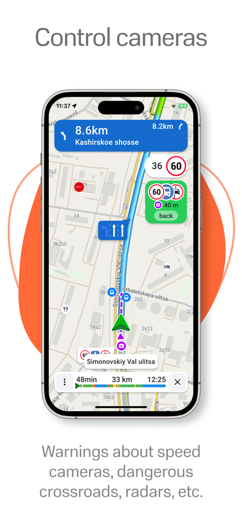 Navitel Navigator app interface showing navigation map with speed camera and radar warnings