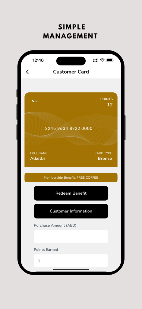 Digitale Kunden-Loyalty-Karten-Oberfläche in der Beloyal-App, die Punkte und Prämien anzeigt