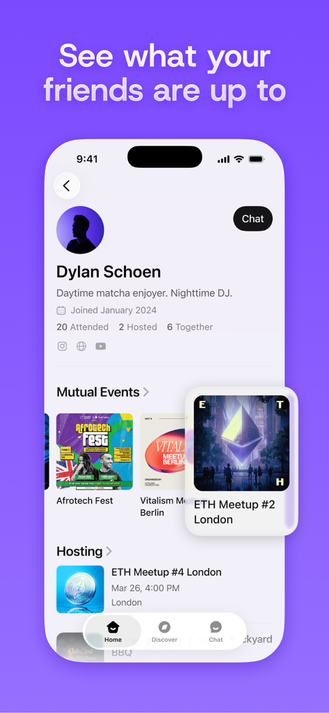 Luma: Events & Invites - Ein Screenshot der Luma App, der ein Benutzerprofil mit besuchten und veranstalteten Events zeigt.