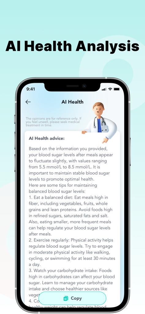 Blood Sugar Master - Pantalla de análisis y asesoramiento de salud con IA dentro de la aplicación Blood Sugar Master que muestra sugerencias de dieta y estilo de vida.