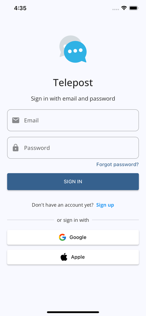 Pantalla de inicio de sesión de la aplicación de mensajería Telepost con opciones de inicio de sesión por correo electrónico y redes sociales.