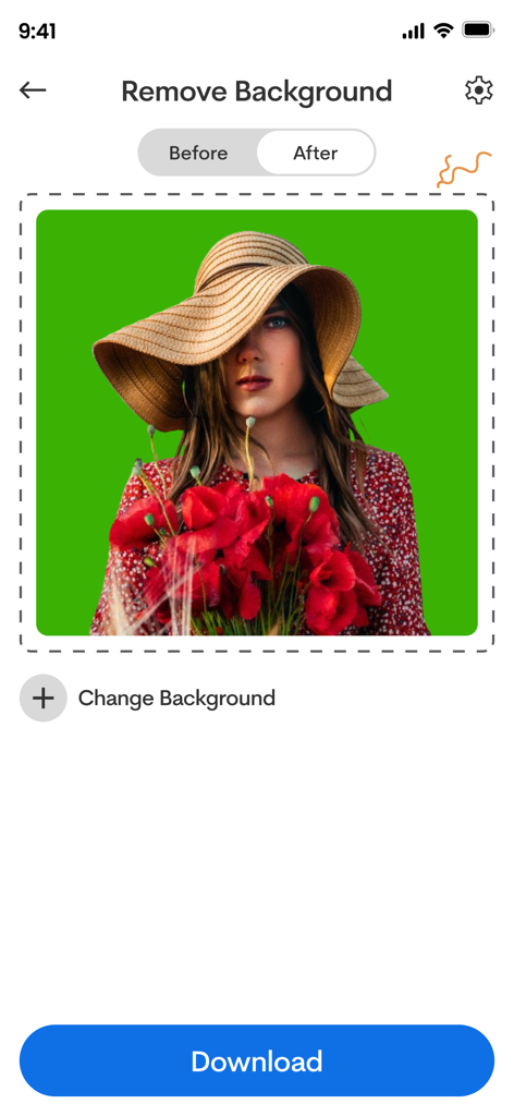Photo Eraser app interface showing a woman with flowers against a green screen background after removal