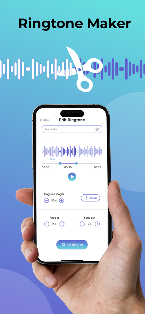 Tik Ringtones - オーディオのトリミングとカスタム着信音の設定のためのRingtone Makerインターフェースを表示するiPhone画面。