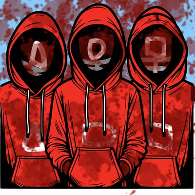 3 faceless people in  hoodies