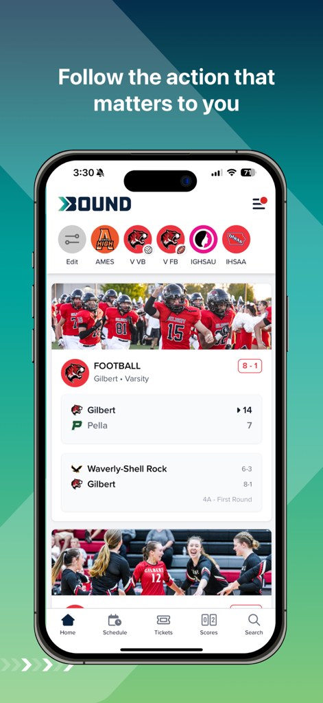 Bound Sports - Bound Sportsアプリのホーム画面に高校フットボールのスコアとチームのアップデートが表示されています