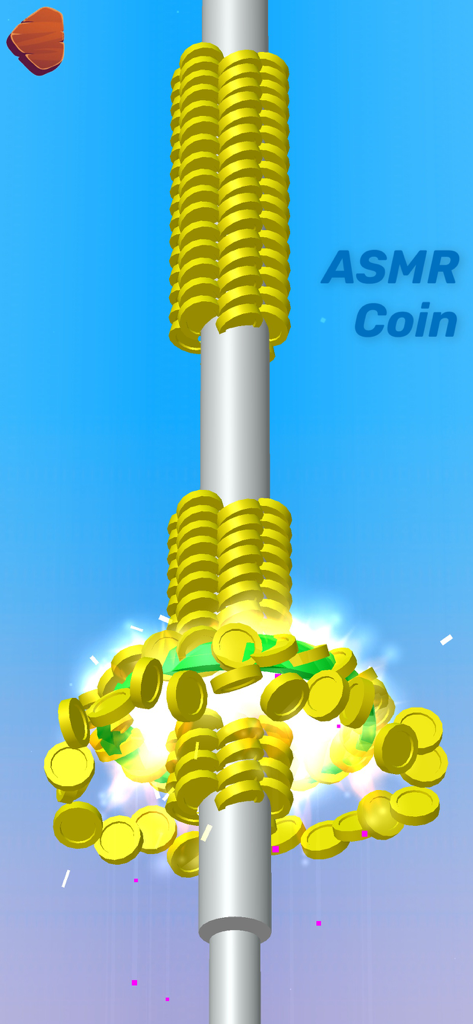 Antistress Relaxing Games,Toys - A satisfying ASMR game scene showing stacks of gold coins sliding down a pole with a glowing effect