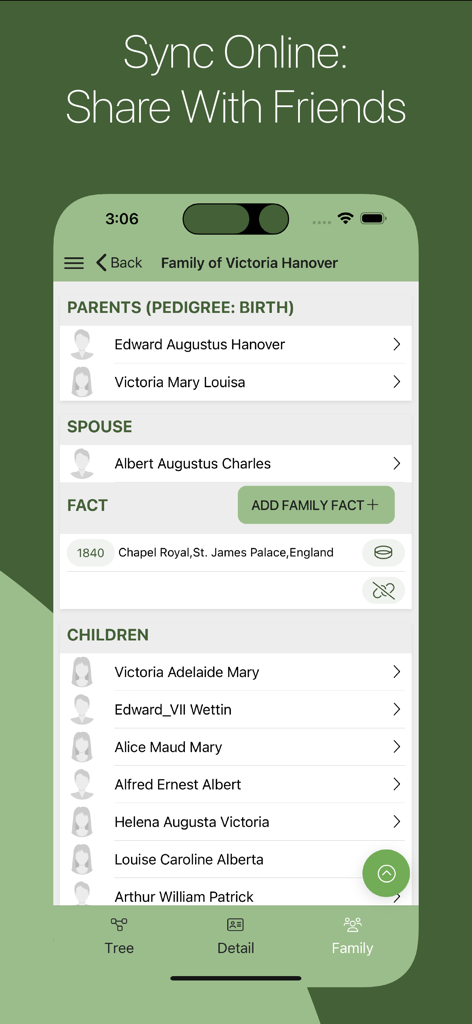 TreeView - TreeView app interface displaying family connections and details for Victoria Hanover