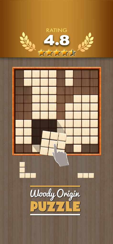 Block Puzzle Woody Origin - Gameplay di Block Puzzle Woody Origin che mostra blocchi di legno su una griglia e una mano che posiziona un nuovo pezzo