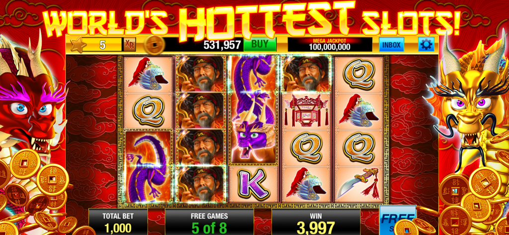 Golden Spin - Slots Casino - Gameplay di Golden Spin Slots Casino che mostra una slot machine a tema dragone asiatico con un mega jackpot.