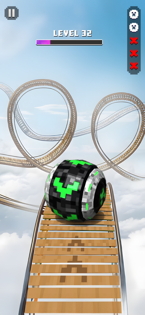 Super Rolling Ball Balance - A green and black pixelated ball rolling on a narrow wooden track high in the clouds with roller coaster loops in the background