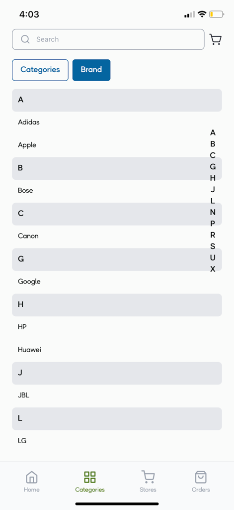 MSME by G3G - Alphabetical brand directory on the MSME by G3G shopping app screen