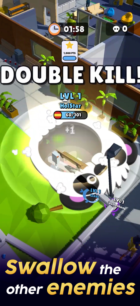 Panda skin black hole swallowing another player in Hole.io gameplay