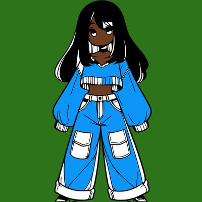 cute girl with straight hair in baggy jeans and a crop top and a sweater