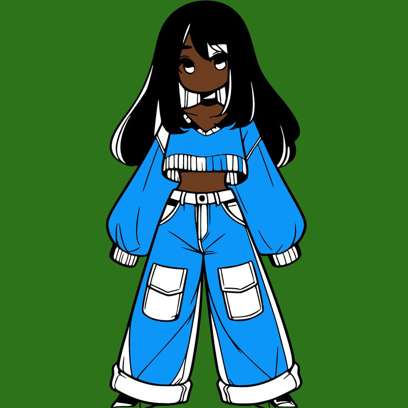 cute girl with straight hair in baggy jeans and a crop top and a sweater