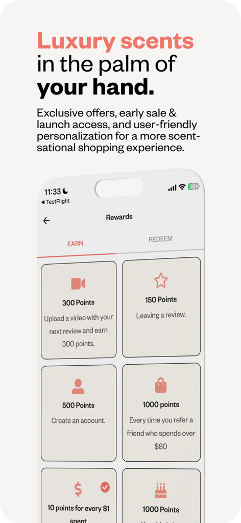 Dossier Perfumes - Interfaccia dell'app mobile Dossier Perfumes che mostra la schermata dei premi fedeltà con vari modi per guadagnare punti come recensioni e referral