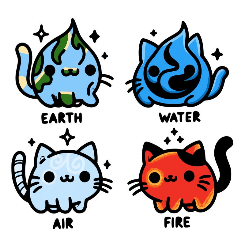 4 cats that represent the different elements, earth, water, air, and fire