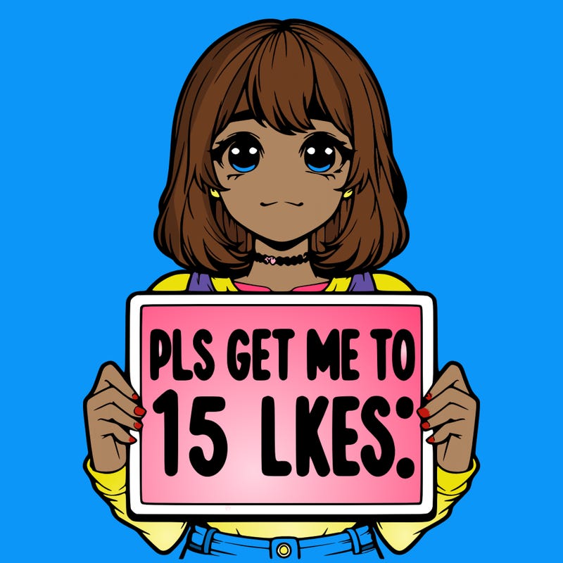 realistic girl holding up a sign that says “pls get me to 15 likes!”