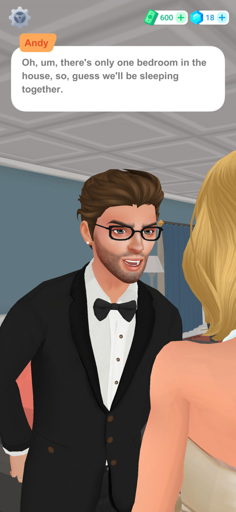 億万長者の花嫁になろうゲームの、キャラクターのアンディとエヴァの対話シーン。