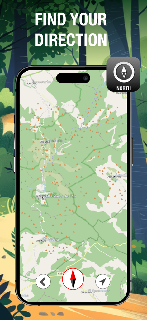 Altimeter GPS & Barometer - Aplicativo Altimeter GPS exibindo um mapa topográfico e bússola para navegação em áreas remotas