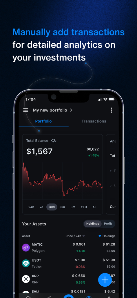 CryptoRank app interface showing a cryptocurrency portfolio with balance charts and asset tracking