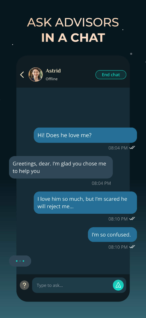 Daily Astrology Horoscope - Écran de chat dans l'application où un utilisateur demande des conseils sur l'amour et les relations à un conseiller en astrologie.