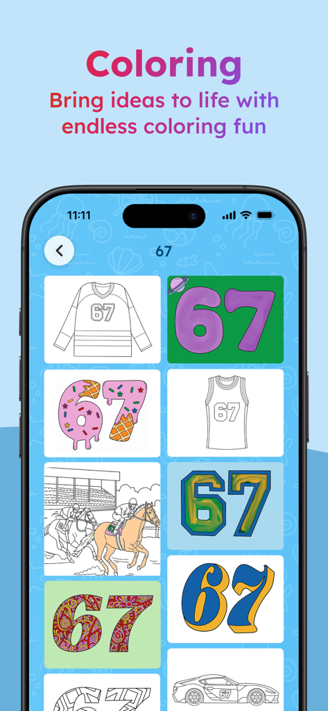 Coloring page selection screen showing various templates and designs in the Project Aqua app