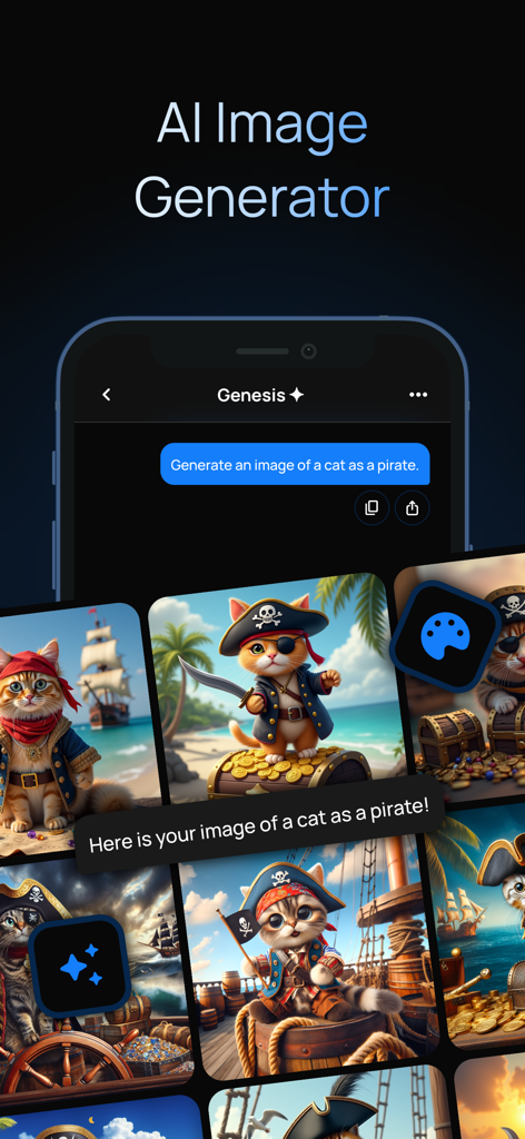 Interface of Genesis AI app showing the image generator feature with pirate cat results