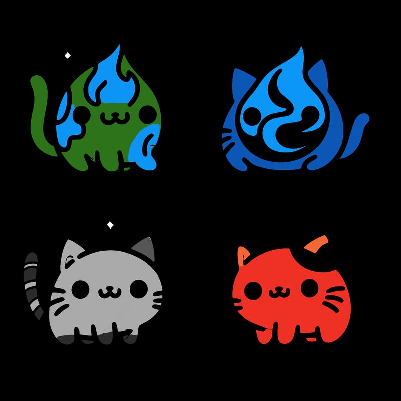 4 cats that represent the different elements, earth, water, air, and fire