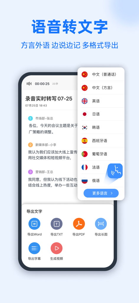Transcribe - Voice Dictation - Interfaz de la aplicación Transcribe que muestra la transcripción de voz a texto en tiempo real con soporte multilingüe y opciones de exportación de documentos