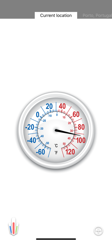 HD Thermometer app interface featuring a classic round analog temperature dial with Fahrenheit and Celsius scales