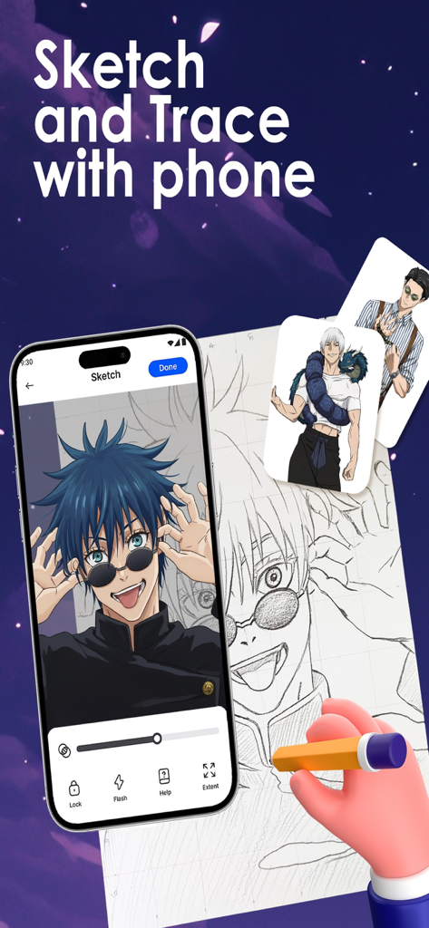 A person using a smartphone to trace a Jujutsu Kaisen anime character onto paper using the AR Drawing app