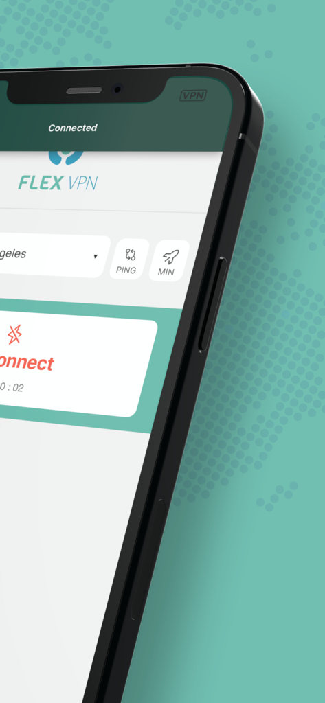 Flex VPN – Proxy+ unlimited - Interface of Flex VPN app on iPhone showing connected status with ping and speed optimization buttons.