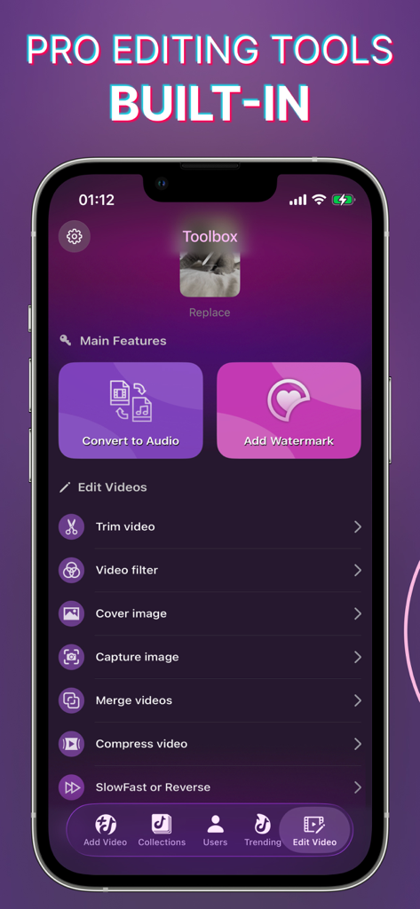 SnapTik • SaveInsta • SnapTube - A mobile interface showing pro video editing tools for TikTok and Instagram creators.