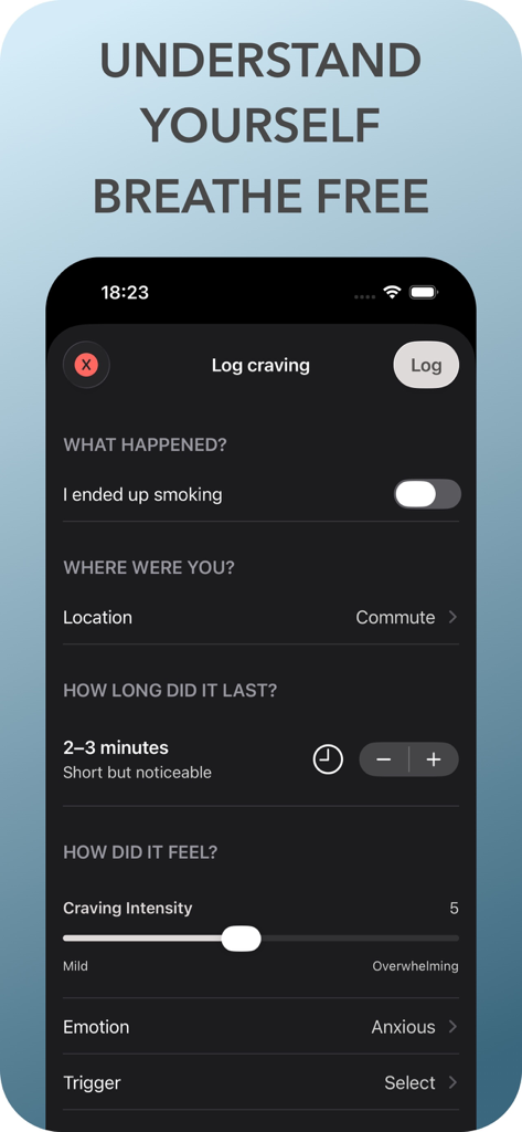 Interface of the Eleos app for logging smoking cravings and triggers