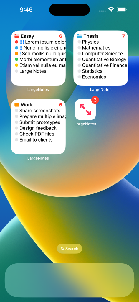 Large Text Notes app widgets on a mobile home screen showing folders for essay thesis and work