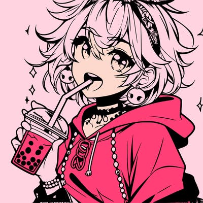 hot baddie anime girl drinking boba and biting the straw