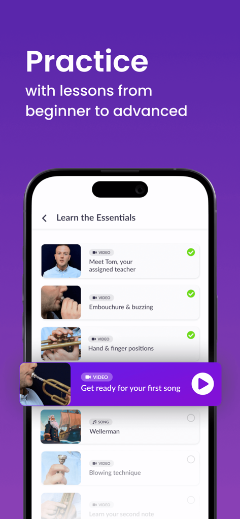 Trumpet practice app interface showing a list of video lessons from beginner to advanced levels.