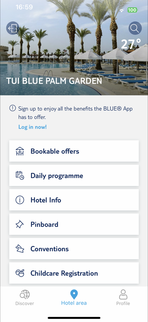 BLUE App - holiday planner - リゾートの機能やアクティビティ予約オプションを表示するTUI BLUEホリデープランナーアプリのダッシュボード