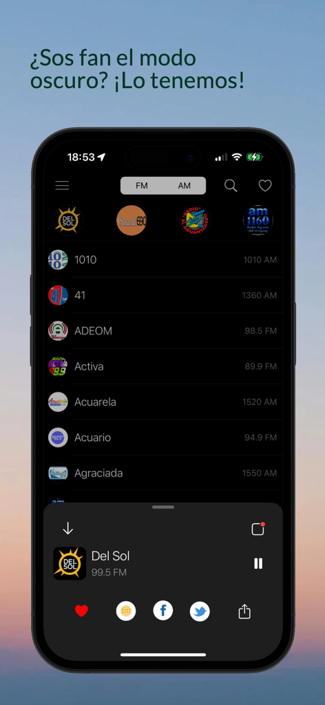 Radios Uruguay app screenshot displaying the dark mode interface and a list of local radio stations