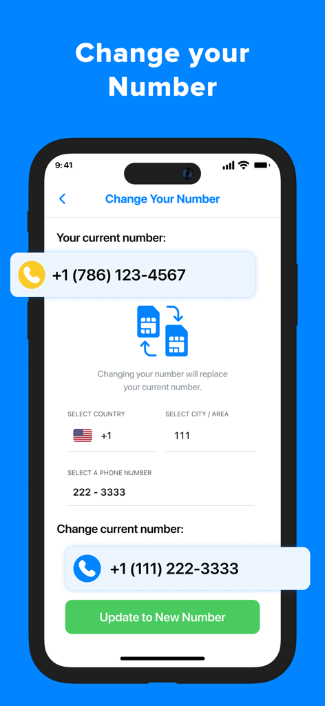 Écran de smartphone affichant le processus pour changer ou sélectionner un nouveau numéro de téléphone virtuel dans l'application Deuxième Numéro de Téléphone