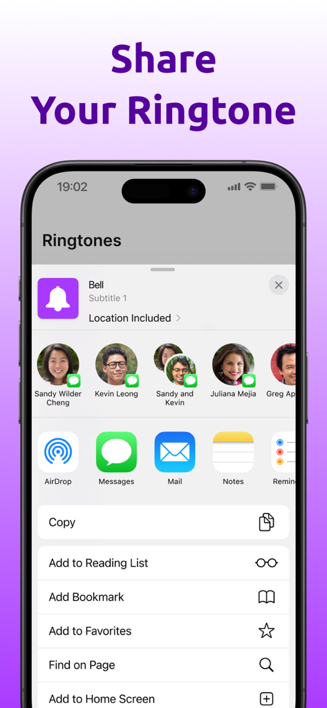 Ringtone Maker & Custom Tones - iPhone interface showing the iOS share sheet for sending a custom ringtone to contacts